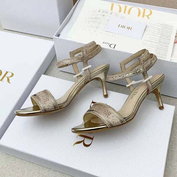 Dior Women Dway Heeled Sandal Gold-Tone Cotton Embroidered with Metallic Thread and Strass (8)