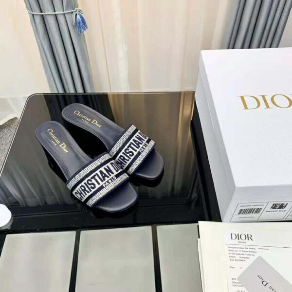 Dior Women Dway Heeled Slide Black Cotton Embroidered (3)