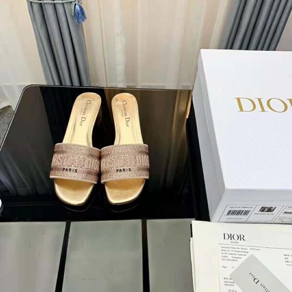 Dior Women Dway Heeled Slide Gold-Tone Cotton Embroidered (2)