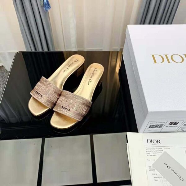 Dior Women Dway Heeled Slide Gold-Tone Cotton Embroidered (3)