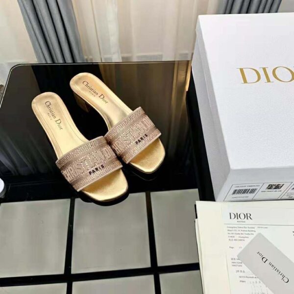 Dior Women Dway Heeled Slide Gold-Tone Cotton Embroidered (4)