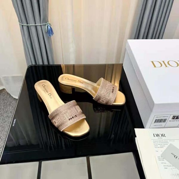 Dior Women Dway Heeled Slide Gold-Tone Cotton Embroidered (5)