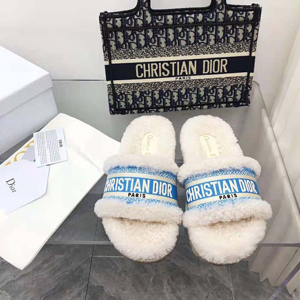 Dior Women Dway Slide Cornflower Blue Embroidered Cotton and White Shearling