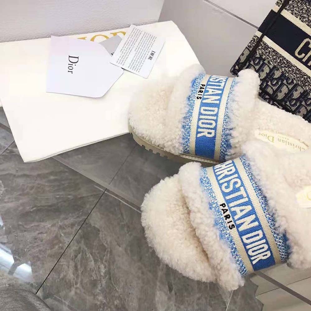 Dior Women Dway Slide Cornflower Blue Embroidered Cotton and White Shearling