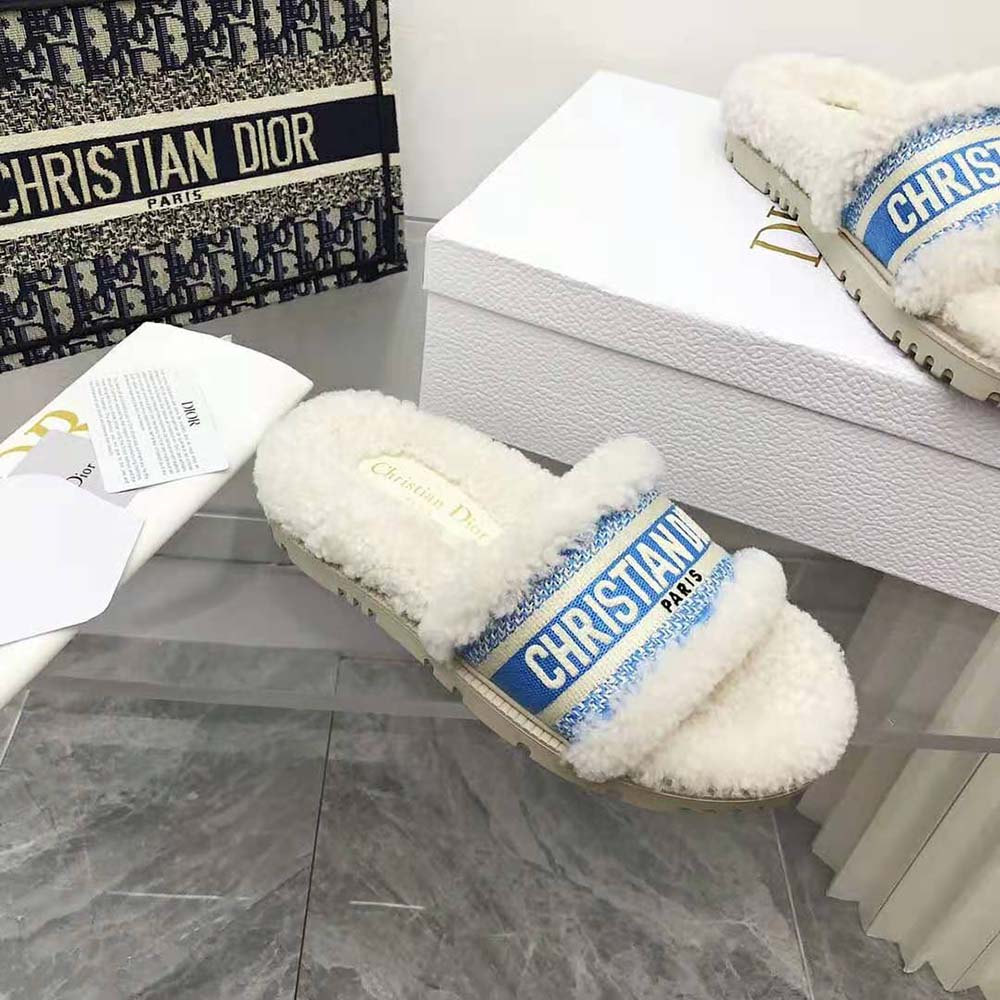 Dior Women Dway Slide Cornflower Blue Embroidered Cotton and White Shearling