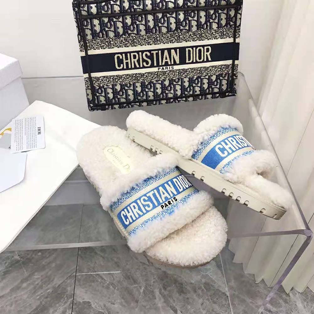 Dior Women Dway Slide Cornflower Blue Embroidered Cotton and White Shearling
