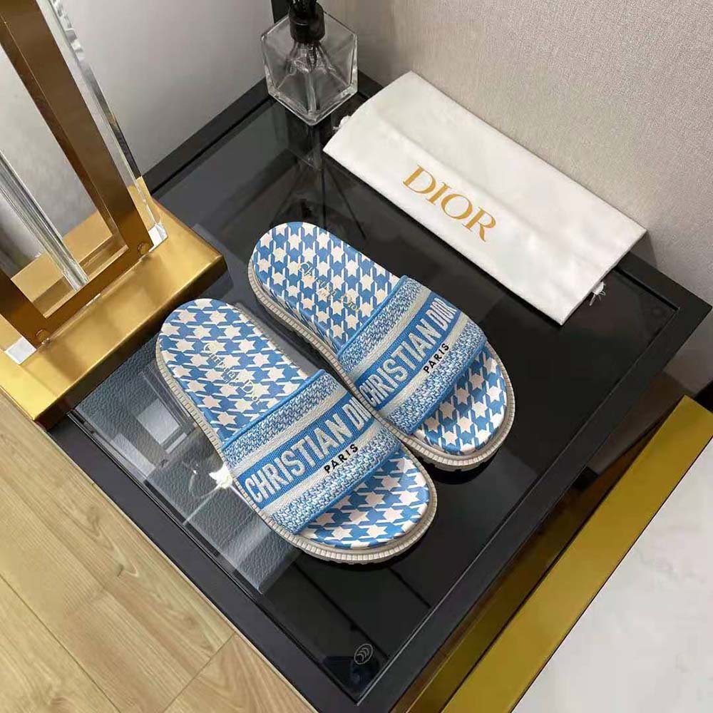 Dior Women Dway Slide Cornflower Blue Embroidered Cotton with Micro Houndstooth Motif