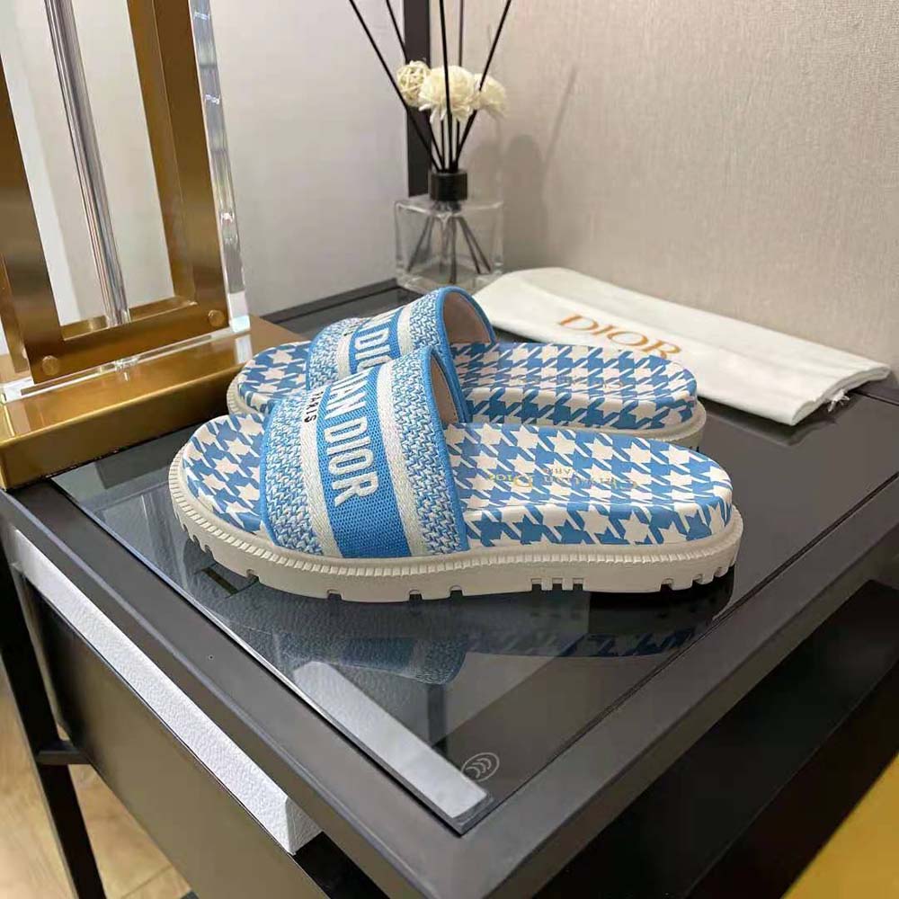 Dior Women Dway Slide Cornflower Blue Embroidered Cotton with Micro Houndstooth Motif