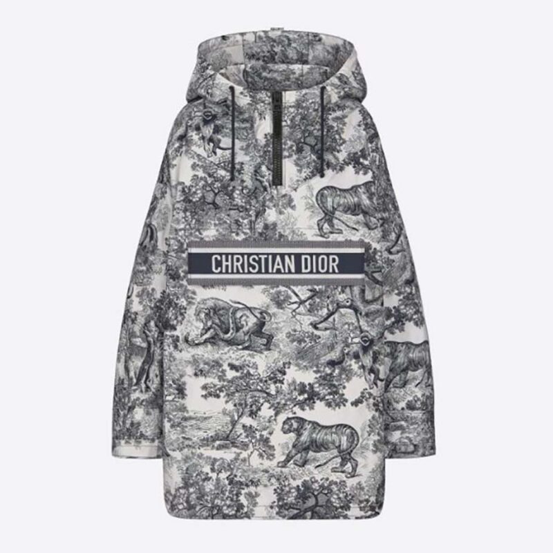 Dior Women Hooded Short Anorak Blu Navy Toile de Jouy Jacquard