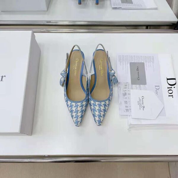 Dior Women J Adior Slingback Pump Cornflower Blue Cotton Embroidery with Micro Houndstooth Motif (2)