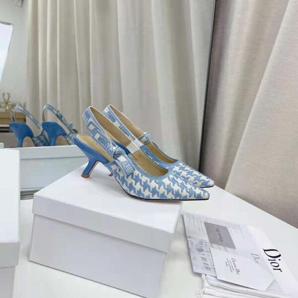 Dior Women J Adior Slingback Pump Cornflower Blue Cotton Embroidery with Micro Houndstooth Motif (4)