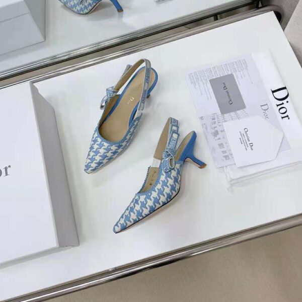 Dior Women J Adior Slingback Pump Cornflower Blue Cotton Embroidery with Micro Houndstooth Motif (5)
