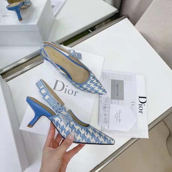 Dior Women J Adior Slingback Pump Cornflower Blue Cotton Embroidery with Micro Houndstooth Motif (6)