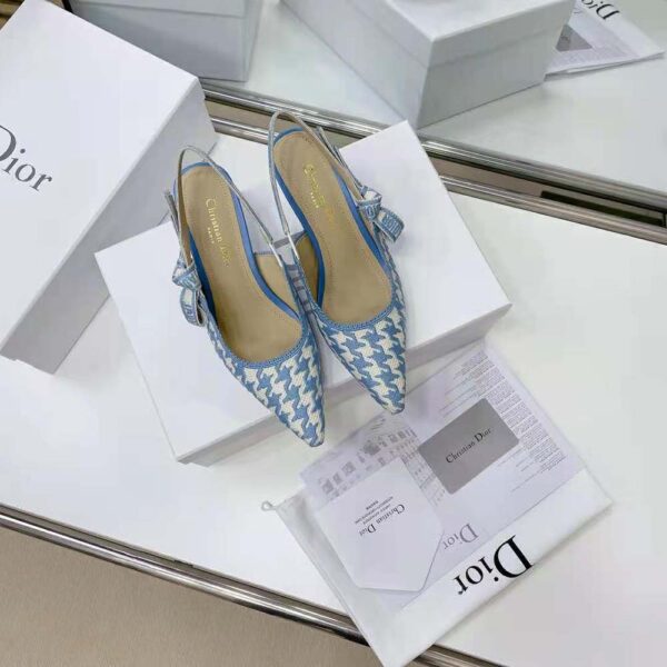Dior Women J Adior Slingback Pump Cornflower Blue Cotton Embroidery with Micro Houndstooth Motif (7)