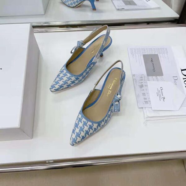 Dior Women J Adior Slingback Pump Cornflower Blue Cotton Embroidery with Micro Houndstooth Motif (8)