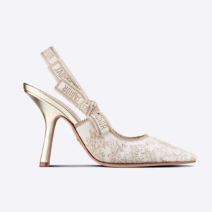 Dior Women J adior Slingback Pump White and Gold-Tone Toile de Jouy Embroidered Cotton