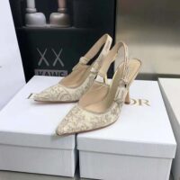 Dior Women J adior Slingback Pump White and Gold-Tone Toile de Jouy Embroidered Cotton (1)