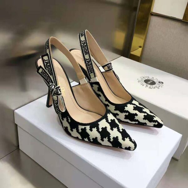 Dior Women J’Adior Slingback Pump Black and White Cotton Embroidery with Macro Houndstooth Motif (3)
