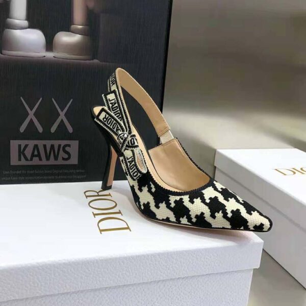 Dior Women J’Adior Slingback Pump Black and White Cotton Embroidery with Macro Houndstooth Motif (7)