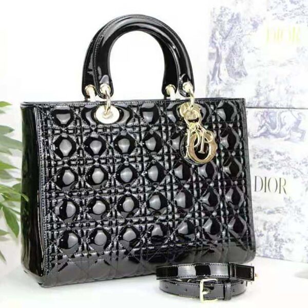 Dior Women Large Lady Dior Bag Black Patent Cannage Calfskin (2)
