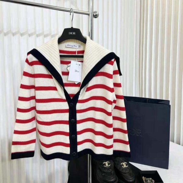 Dior Women Mariniere Cardigan Red and Ecru D-Stripes Ribbed Wool and Cashmere Knit (2)