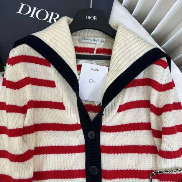 Dior Women Mariniere Cardigan Red and Ecru D-Stripes Ribbed Wool and Cashmere Knit (5)