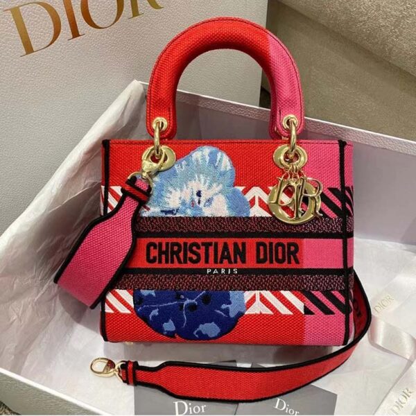 Dior Women Medium Lady D-lite Bag Bright Pink Multicolor D-Flower Pop Embroidery (9)