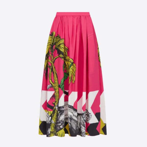 Dior Women Mid-Length Pleated Skirt Pink Cotton Poplin with Multicolor D-Tiger Pop Motif (1)