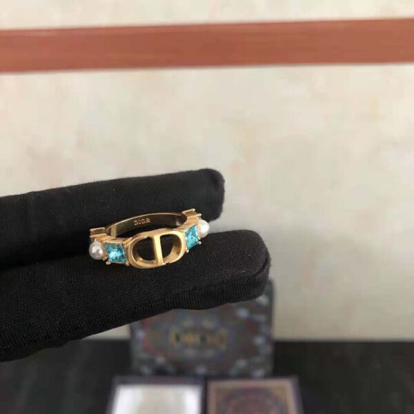 Dior Women Petit CD Ring Gold-Finish Metal with White Resin Pearls and Light Blue Crystals (3)
