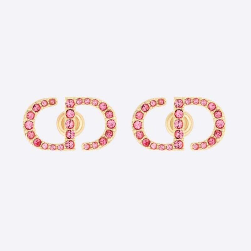 Dior Petit CD Ohrstecker für Damen, Metall mit Gold-Finish und hellrosa Kristalle