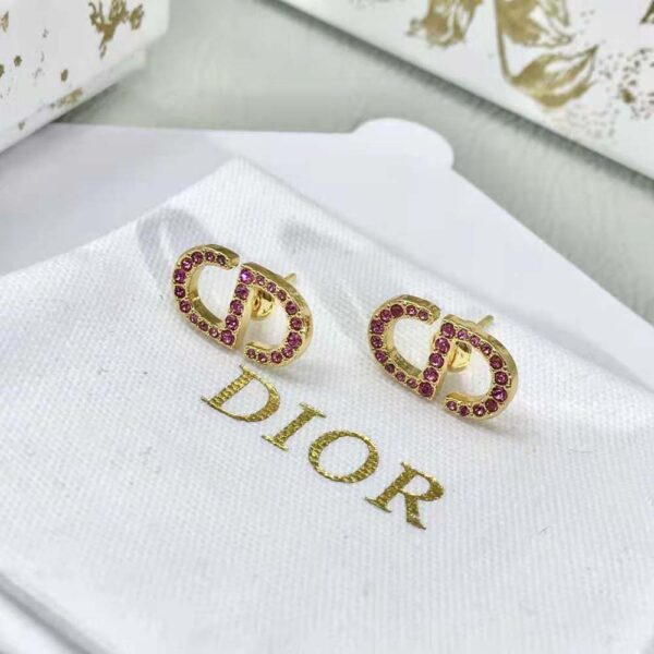 Dior Women Petit CD Stud Earrings Gold-Finish Metal and Light Pink Crystals (3)