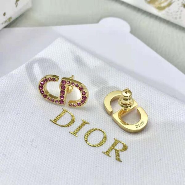 Dior Women Petit CD Stud Earrings Gold-Finish Metal and Light Pink Crystals (4)