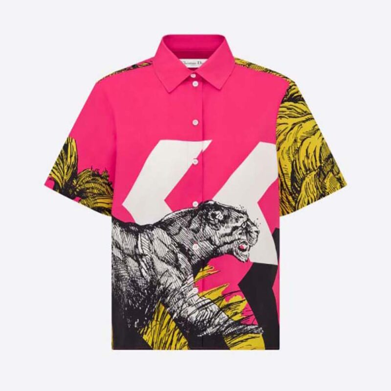 Dior Donna Blusa a maniche corte in popeline di cotone rosa con motivo D-Tiger Pop multicolore