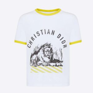 Dior Women T-shirt White Cotton Jersey with Fluorescent Yellow D-Jungle Pop Motif