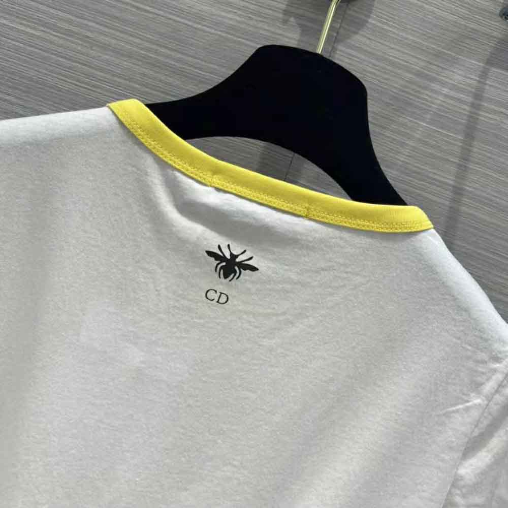 Dior Women T-shirt White Cotton Jersey with Fluorescent Yellow D-Jungle Pop Motif