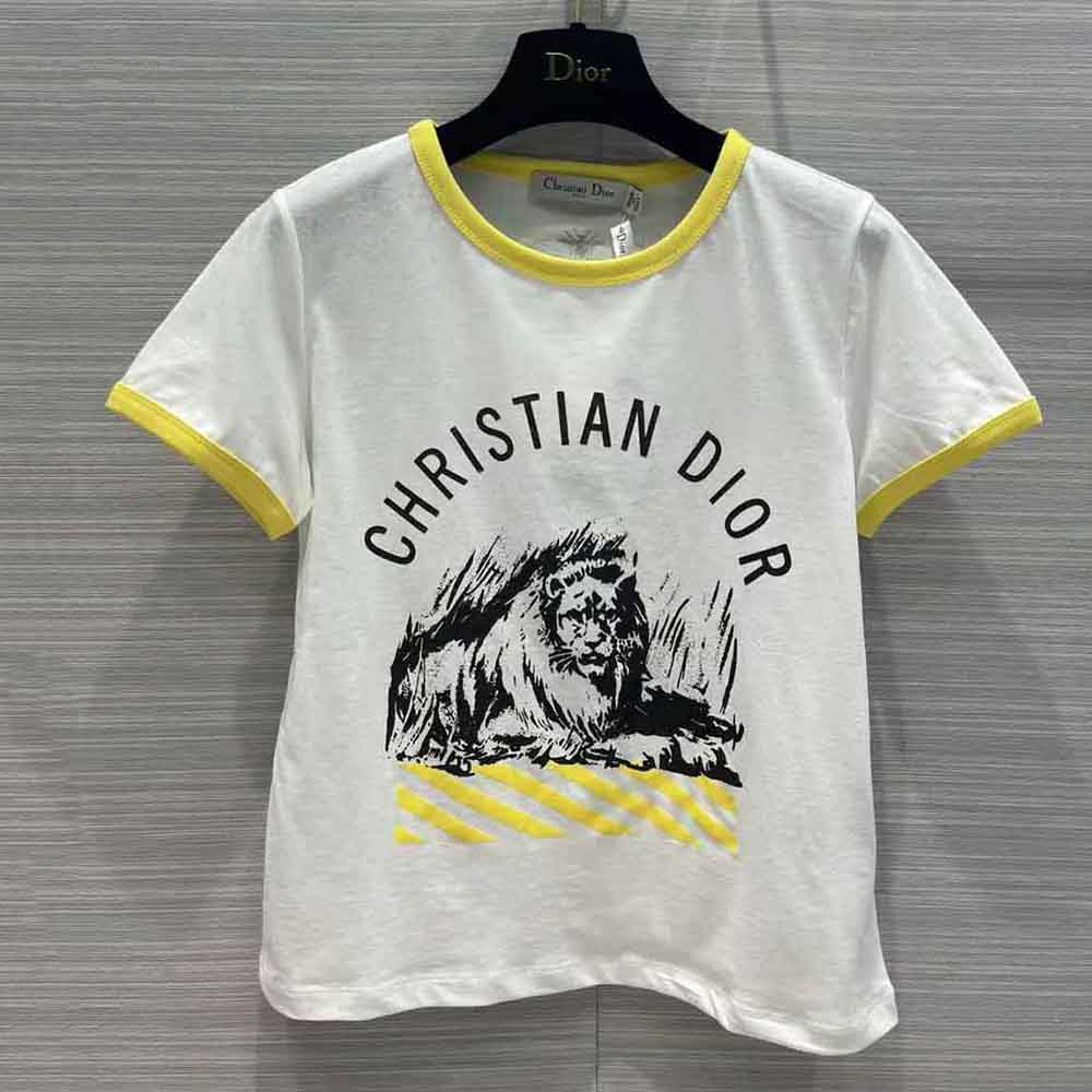 Dior Women T-shirt White Cotton Jersey with Fluorescent Yellow D-Jungle Pop Motif