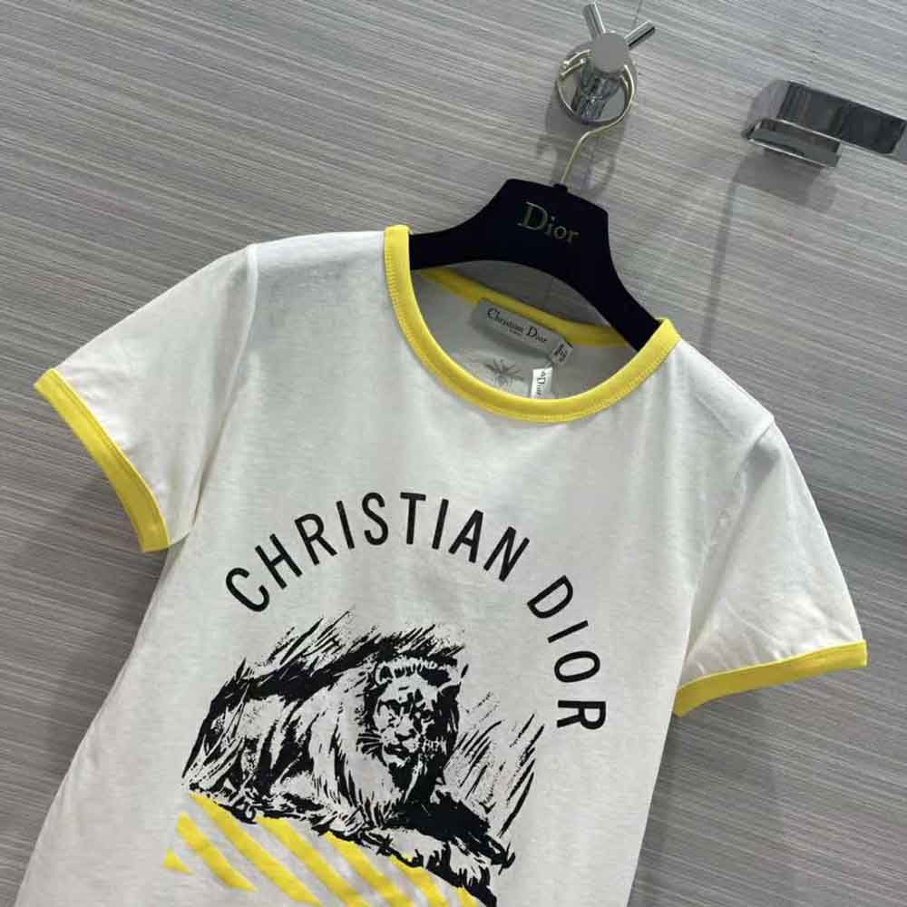 Dior Women T-shirt White Cotton Jersey with Fluorescent Yellow D-Jungle Pop Motif