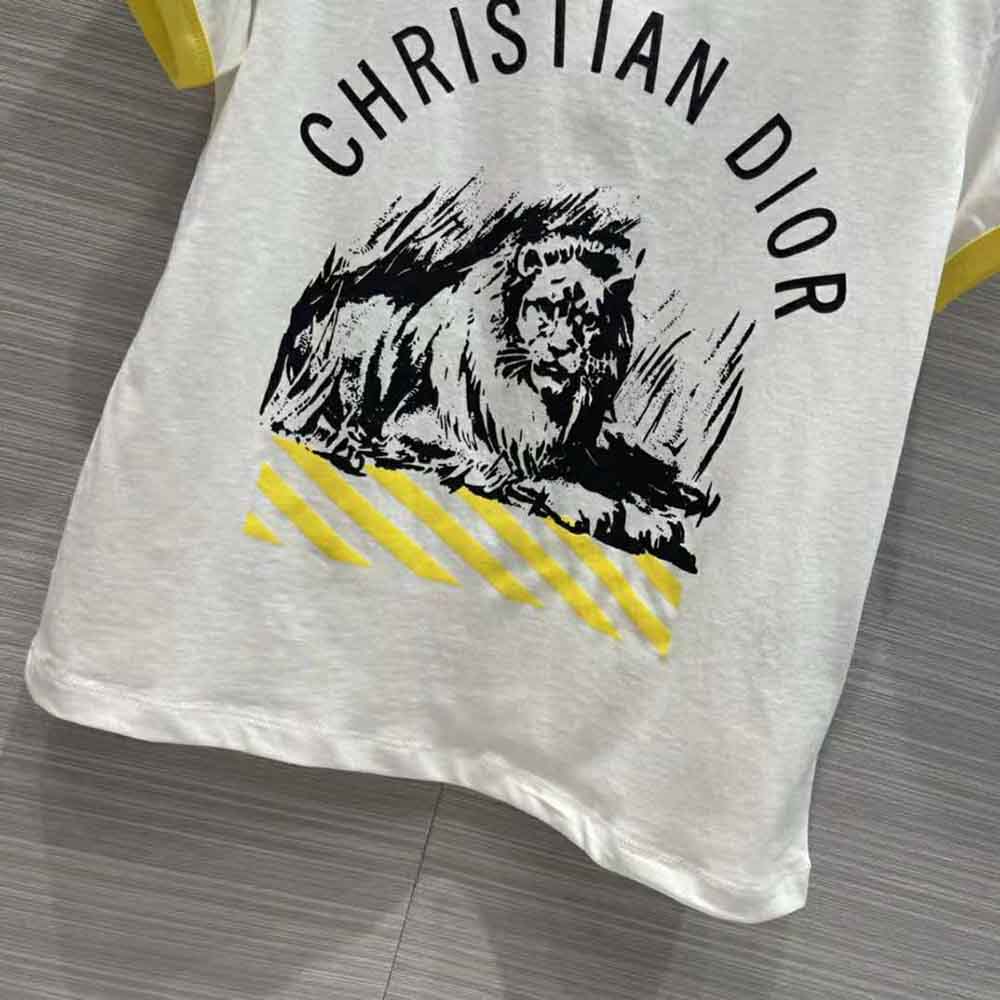 Dior Women T-shirt White Cotton Jersey with Fluorescent Yellow D-Jungle Pop Motif