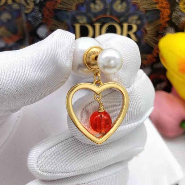 Dior Women Tribales Earrings Gold-Finish Metal with Red Resin Pearls (5)