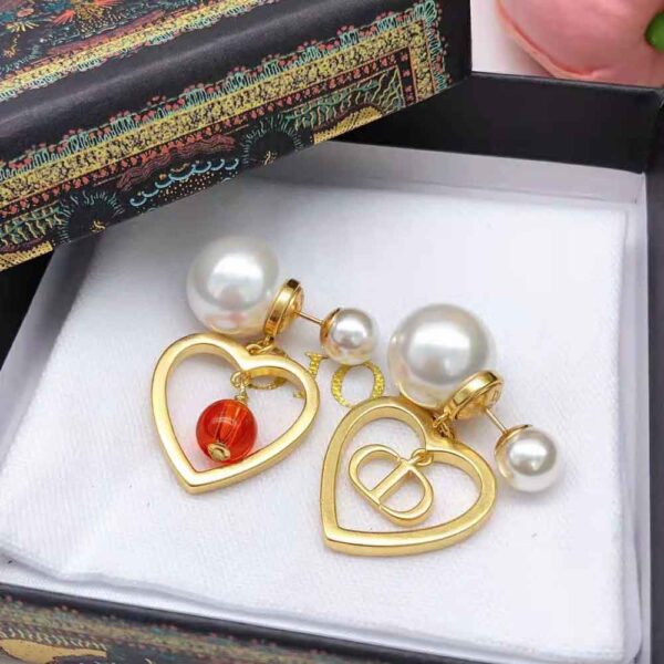 Dior Women Tribales Earrings Gold-Finish Metal with Red Resin Pearls (6)