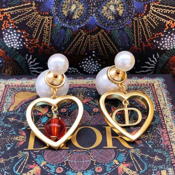 Dior Women Tribales Earrings Gold-Finish Metal with Red Resin Pearls (7)