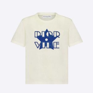 Dior Women Vibe T-shirt Ecru and Fluorescent Blue Cotton Jersey and Linen