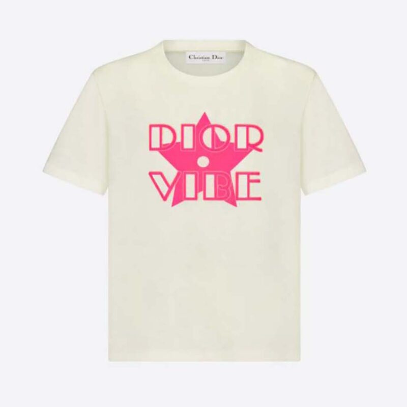 T-shirt Dior Women Vibe in jersey di cotone e lino color ecru e rosa fluo