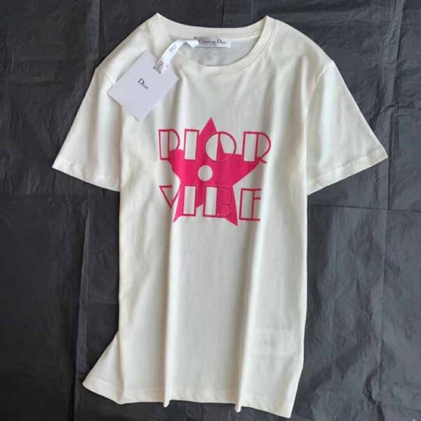 Dior Women Vibe T-shirt Ecru and Fluorescent Pink Cotton and Linen Jersey (9)