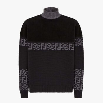 Fendi Men Black wool Sweater with High Collar and Long Sleeves