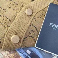 Fendi Women Beige Velvet and Viscose Cardigan with V Neck and Ribbed Edges (1)