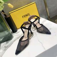 Fendi Women Colibri Black Mesh High-Heeled Slingbacks with Rhinestone Embroidery (1)