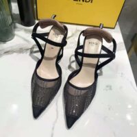 Fendi Women Colibri Black Mesh High-Heeled Slingbacks with Rhinestone Embroidery (1)