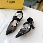 Fendi Women Colibri Black Mesh Medium-Heel Slingbacks with Metal Stitches - Image 4