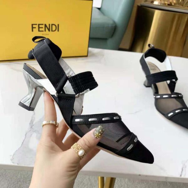 Fendi Women Colibri Black Mesh Medium-Heel Slingbacks with Metal Stitches (5)